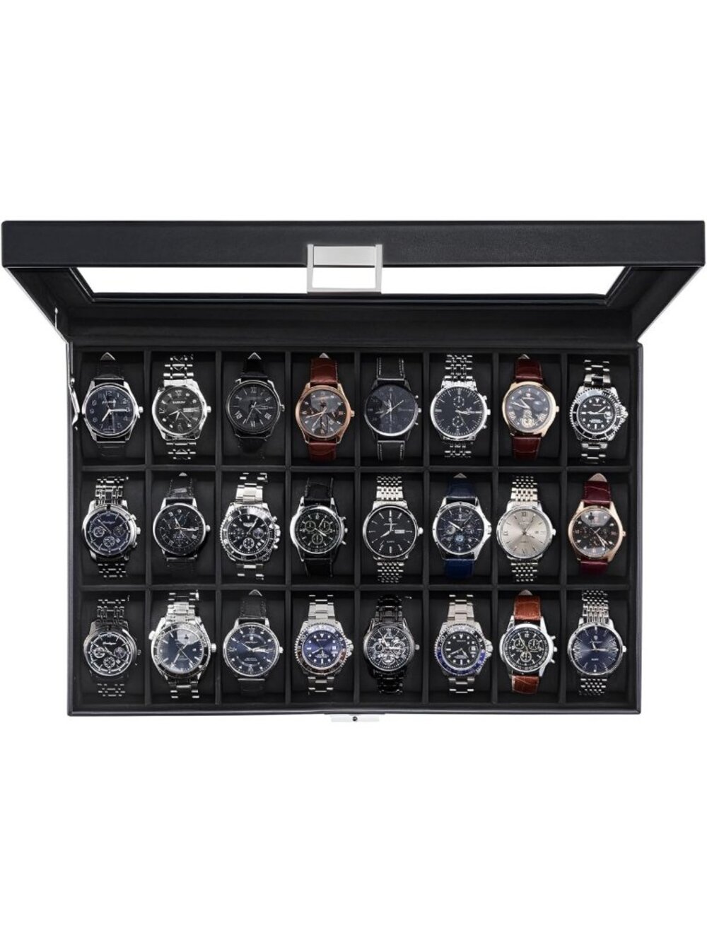 24-Slot Men's Watch Box Display Case with Real Glass Lid - Organizer & Storage